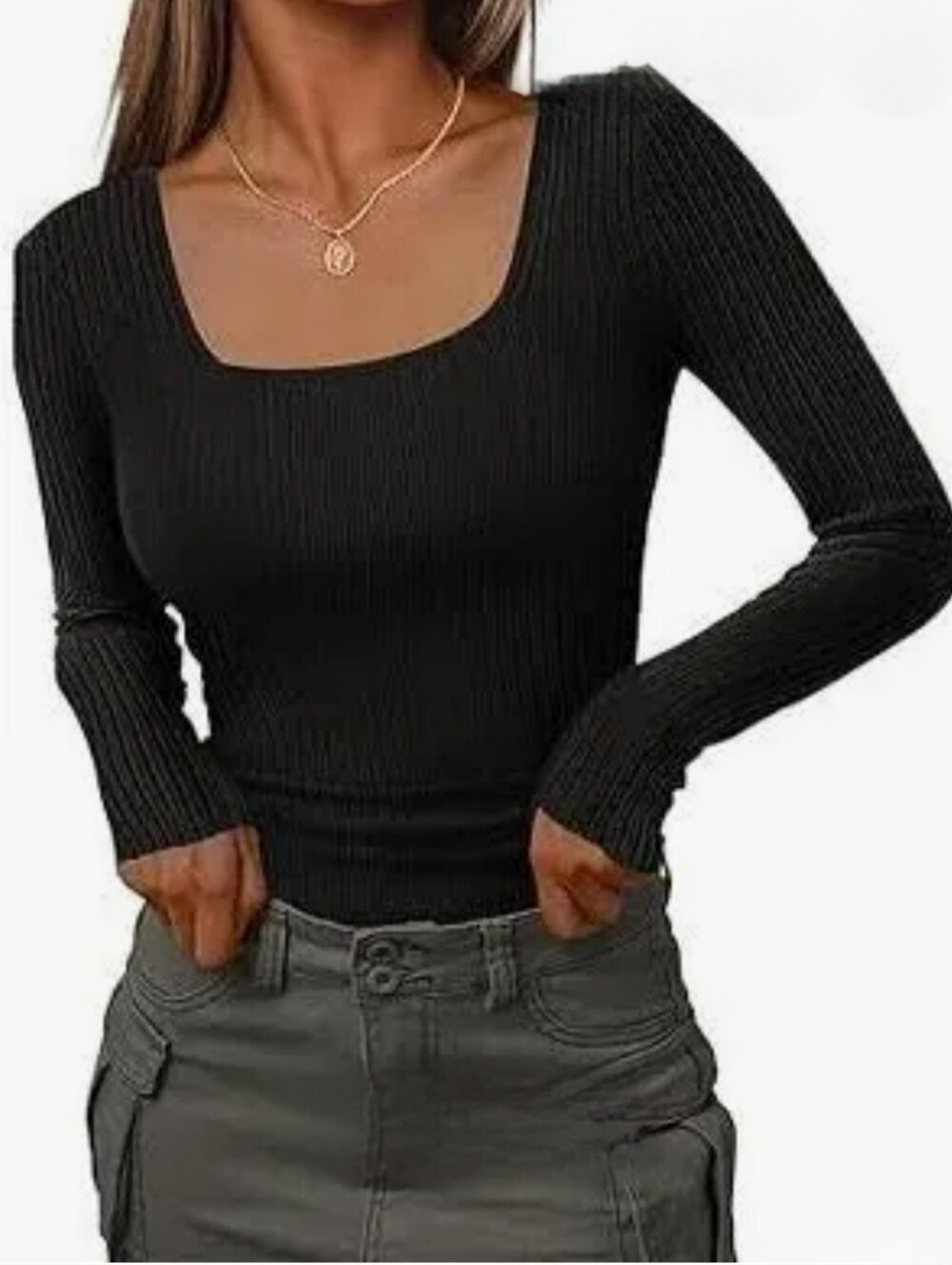 Zesica Ribbed Square Neck Sweater - Black